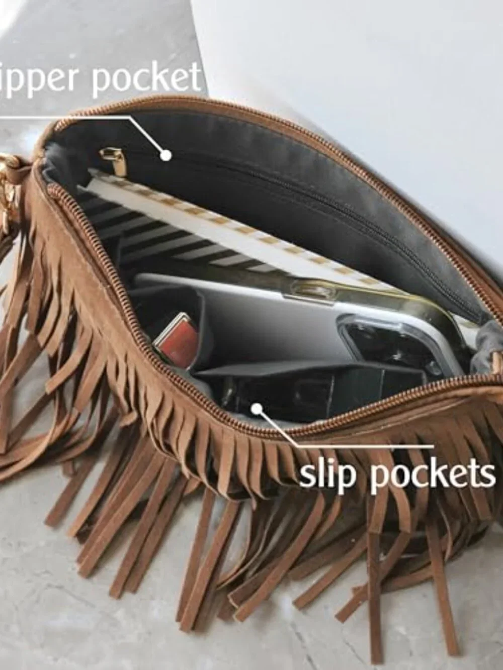 Faux Suede Leather Fringe Crossbody Bag with Wristlet & Chain Strap
